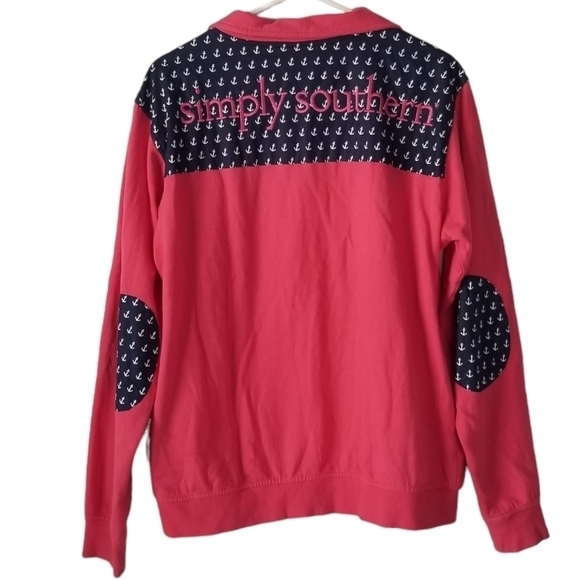 Simply Southern Pink 1/4 Zip Pullover Sweatshirt Anchor Print Elbow Patches M - Picture 1 of 13